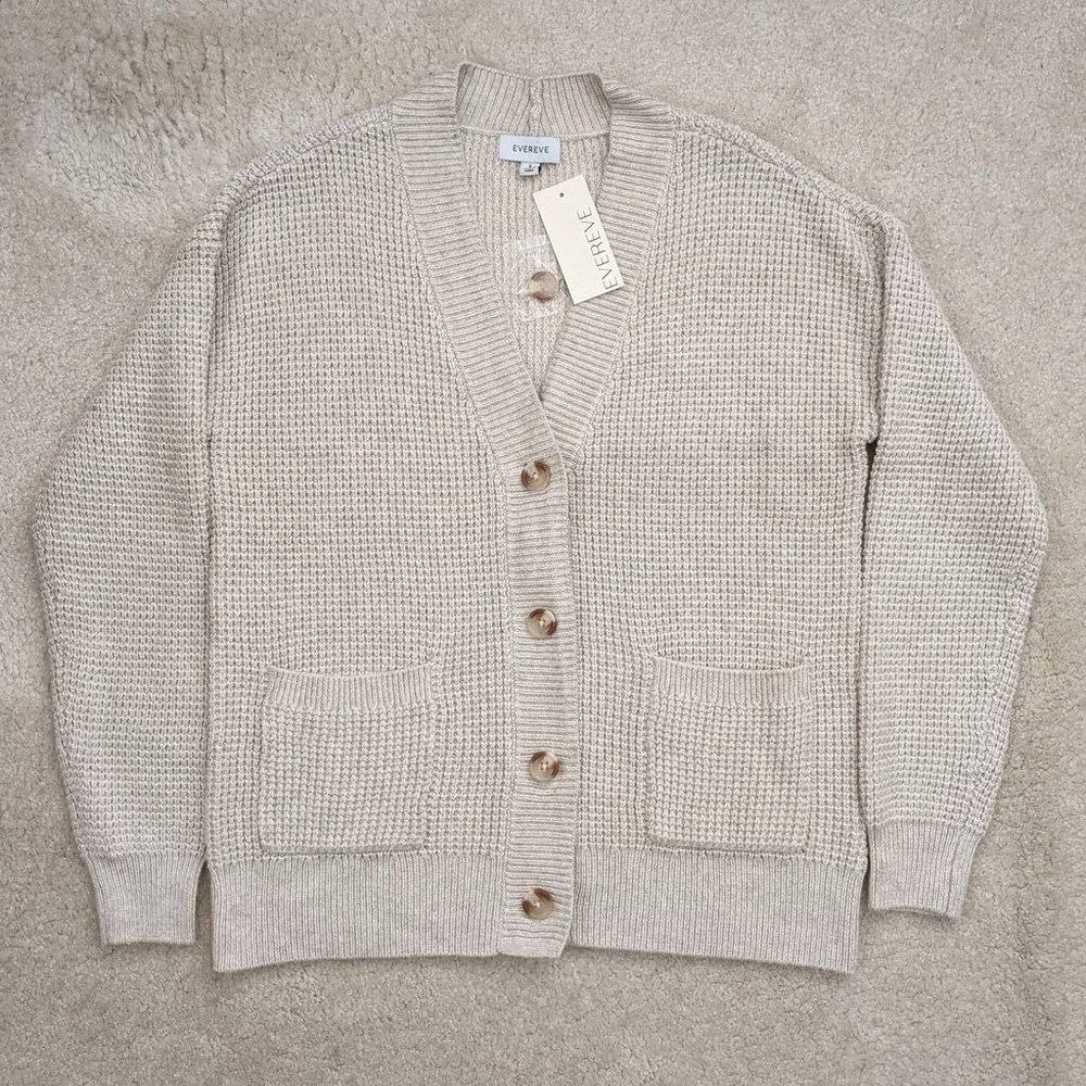 Evereve Waffle Oatmeal Cardigan EUC